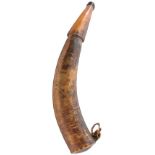 AN 18TH CENTURY POWDER HORN OF AMERICAN INTEREST, the 43cm body finely decorated with a map of the