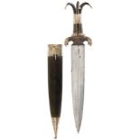 A FINE AND UNUSUAL 19TH CENTURY KINDJAL, 42.75cm broad blade, 6.75cm, with offset double fullers and