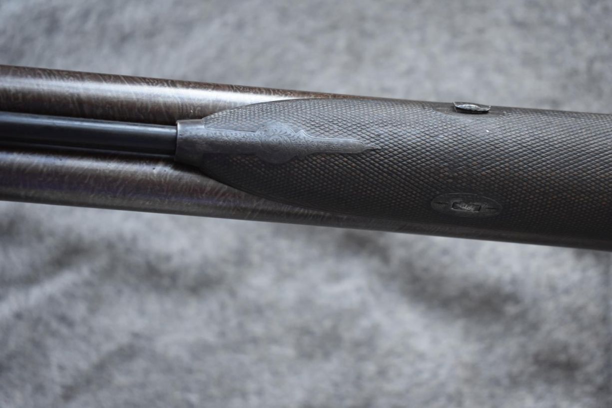 A 12-BORE DOUBLE BARRELLED PERCUSSION SPORTING GUN BY P WEBLEY & SON, 27.75inch sighted damascus - Image 8 of 14