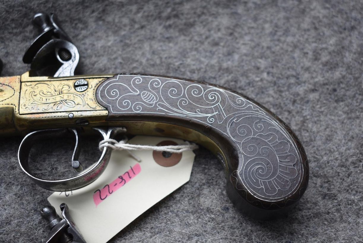 A PAIR OF 25-BORE FLINTLOCK BRASS HOLSTER PISTOLS BY BUNNEY, 5.5inch three-stage cannon barrels, - Image 17 of 22