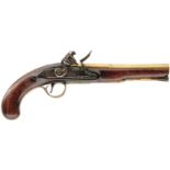 A 25-BORE FLINTLOCK BRASS BARRELLED HOLSTER PISTOL, 8inch two-stage barrel engraved LONDON on the