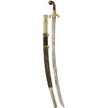 A TURKISH SHAMSHIR, 81.5cm double fullered blade, some patination and rust, characteristic white