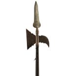 AN 18TH CENTURY SCOTTISH HALBERD, leaf-shaped head, the face and fluke with shaped edges, 210cm over