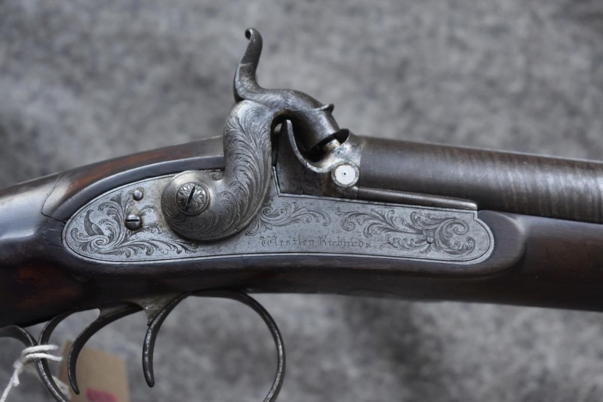 A 16-BORE DOUBLE BARRELLED PERCUSSION LIVE PIGEON GUN BY WESTLEY RICHARDS, 27inch sighted damascus - Image 4 of 14