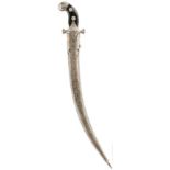 AN INDIAN OR OTTOMAN REGION SHORT SWORD, 45.5cm curved etched damascus blade decorated with a