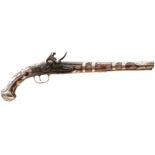 A 20-BORE TURKISH FLINTLOCK HOLSTER PISTOL, 12.75inch barrel chiselled with foliage at the breech,