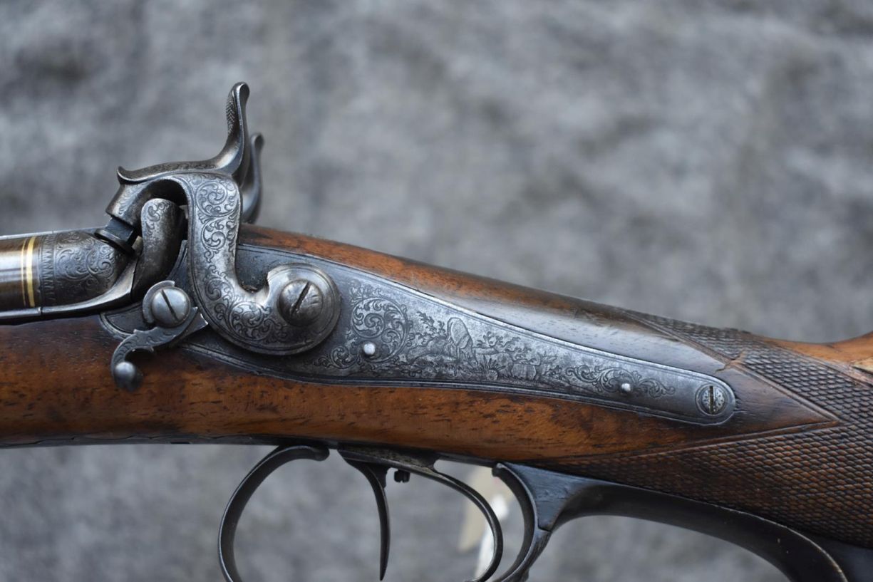 A CONTINENTAL 20-BORE PERCUSSION DOUBLE BARRELLED RIFLE, 30inch sighted re-browned damascus - Image 15 of 18