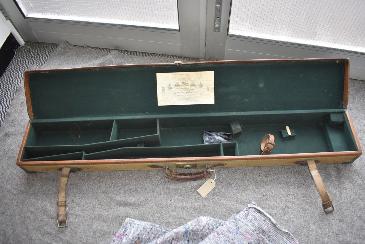 A CHARLES LANCASTER RIFLE CASE, 49.5inches over all, the canvas and leather covered oak body with - Image 3 of 7