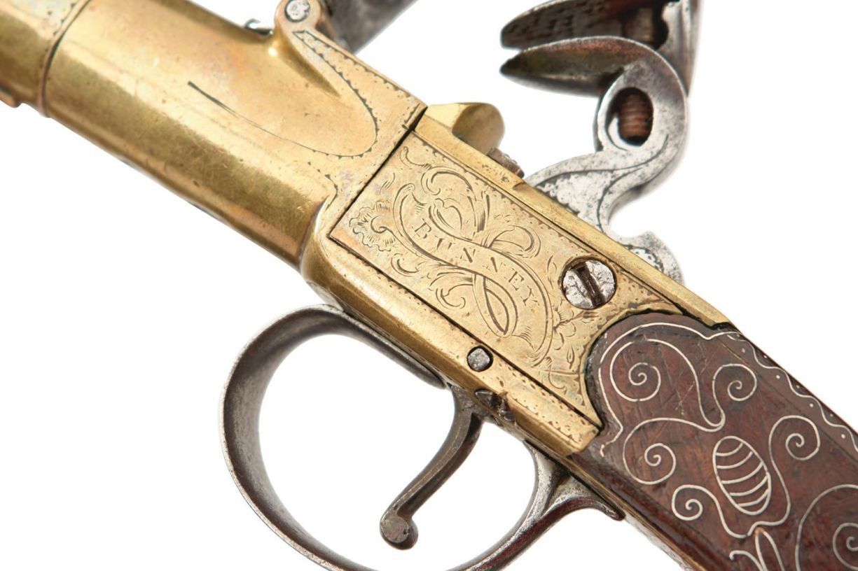 A PAIR OF 25-BORE FLINTLOCK BRASS HOLSTER PISTOLS BY BUNNEY, 5.5inch three-stage cannon barrels, - Image 4 of 22