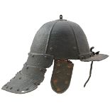 AN ENGLISH CIVIL WAR PERIOD LOBSTER TAILED POT OR HELMET, the single piece radial ribbed skull