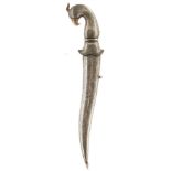 AN INDIAN OR OTTOMAN REGION PEACOCK HEADED DAGGER, 29cm etched damascus blade with toothed edges,