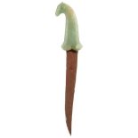 A COMPOSITE JADE HILTED KHANJAR, 24cm recurved crude blade araldited in to its hilt, this of