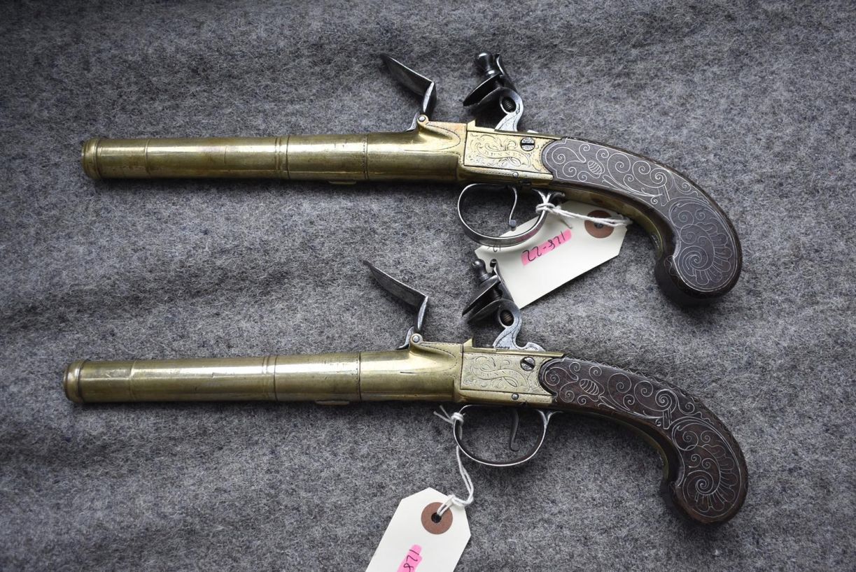 A PAIR OF 25-BORE FLINTLOCK BRASS HOLSTER PISTOLS BY BUNNEY, 5.5inch three-stage cannon barrels, - Image 16 of 22