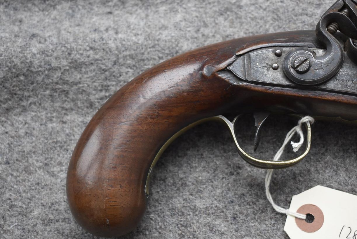 A 16-BORE FLINTLOCK TRAVELLING PISTOL BY WOOLLEY & CO., 6inch sighted octagonal barrel, border - Image 3 of 10