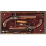 A CASED PAIR OF 18-BORE FLINTLOCK OFFICER'S PISTOLS, 8.25inch sighted octagonal damascus barrels