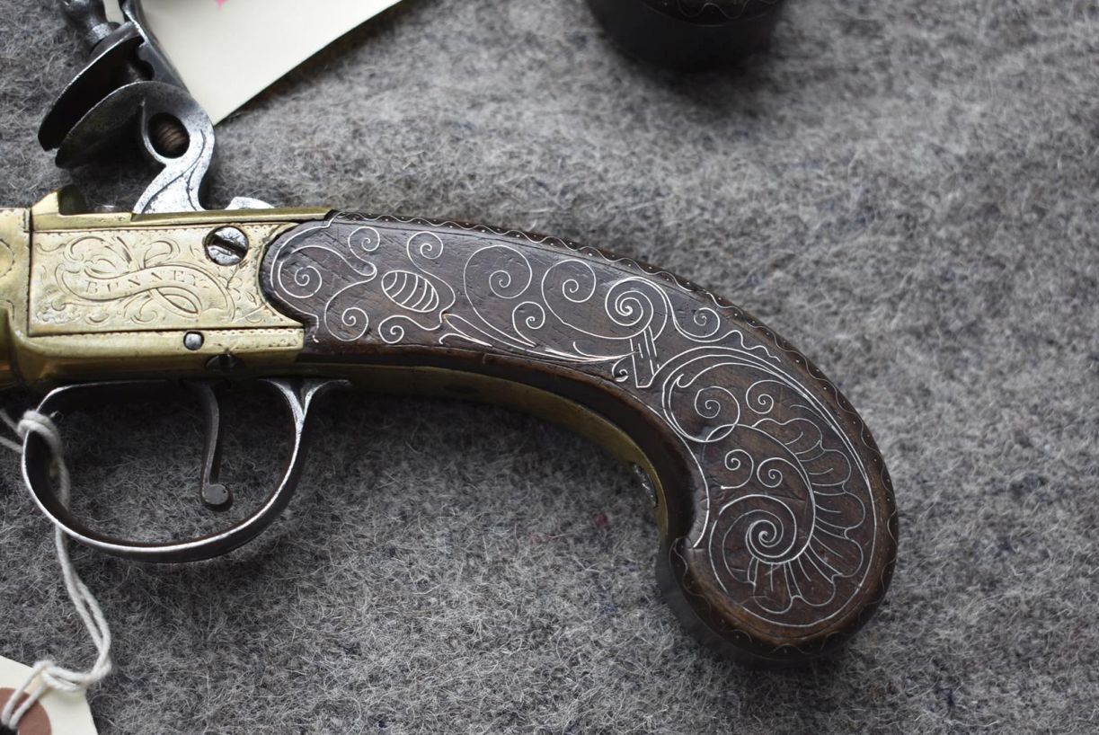 A PAIR OF 25-BORE FLINTLOCK BRASS HOLSTER PISTOLS BY BUNNEY, 5.5inch three-stage cannon barrels, - Image 20 of 22