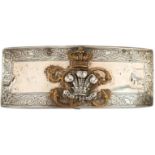 A VICTORIAN OFFICER'S HALLMARKED SILVER SHOULDER BELT POUCH, the border and scroll engraved face