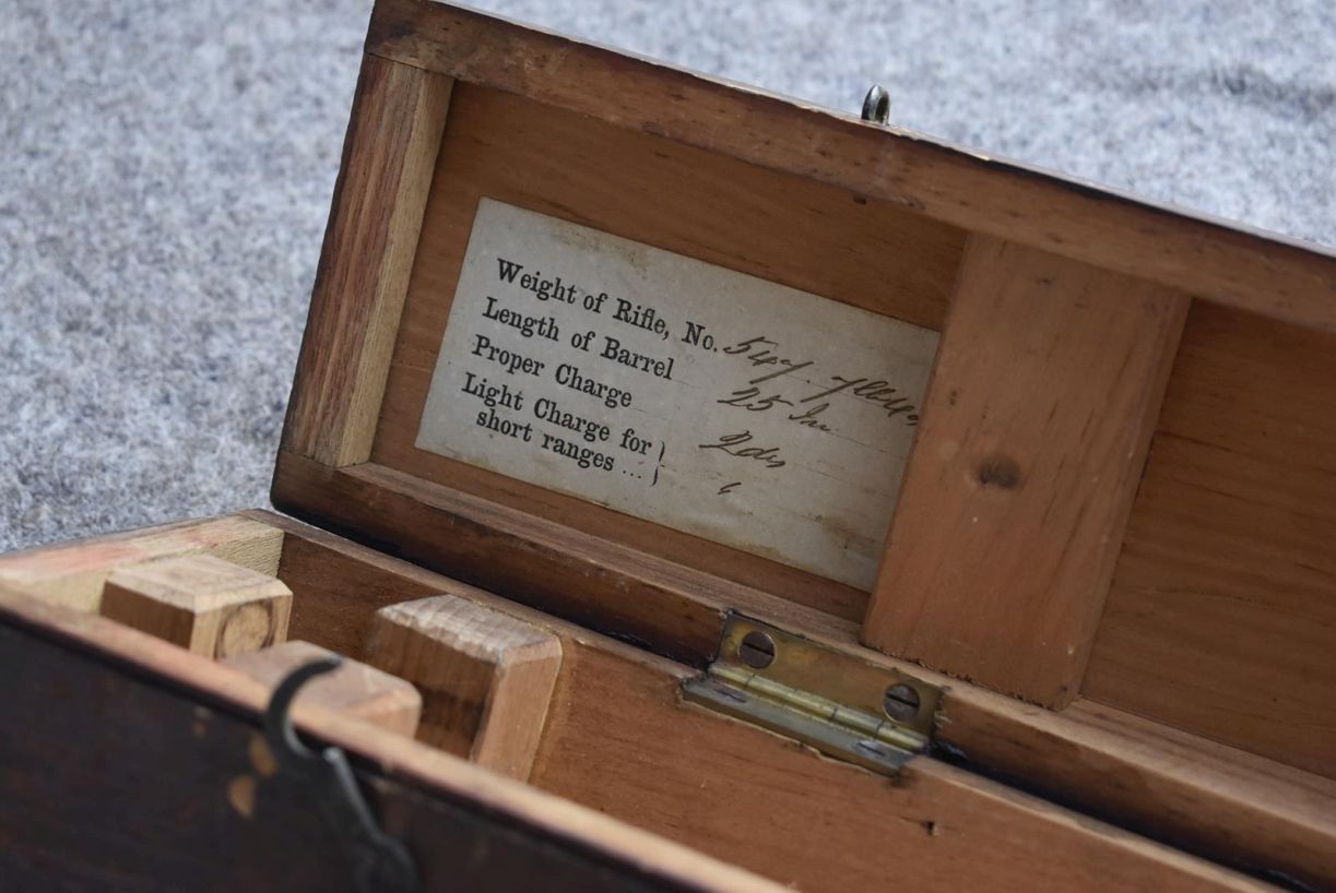 A WESTLEY RICHARDS STORAGE CASE FOR A RIFLE, the plain pine box with brown stained exterior, the - Image 7 of 10