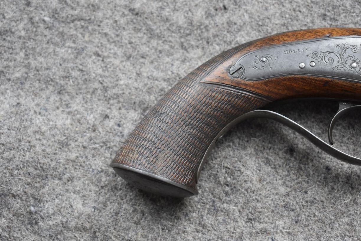 A 28-BORE PERCUSSION OFFICER'S PISTOL BY HOLLIS OF CHELTENHAM, 6.25inch sighted octagonal damascus - Image 3 of 12