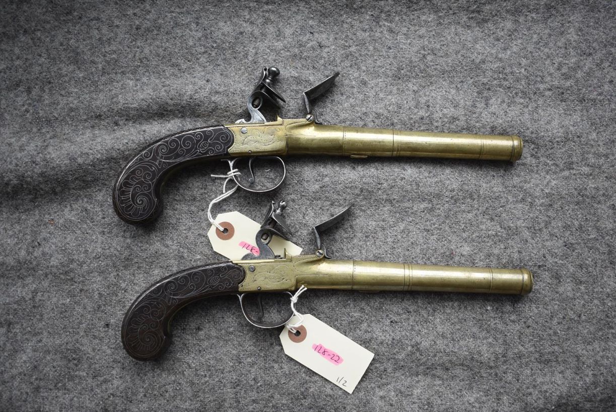 A PAIR OF 25-BORE FLINTLOCK BRASS HOLSTER PISTOLS BY BUNNEY, 5.5inch three-stage cannon barrels, - Image 7 of 22