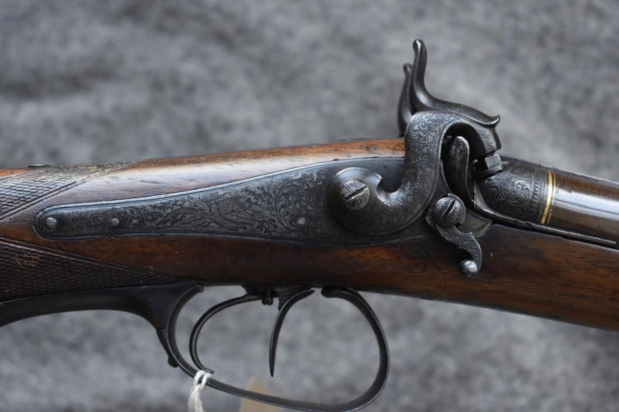 A CONTINENTAL 20-BORE PERCUSSION DOUBLE BARRELLED RIFLE, 30inch sighted re-browned damascus - Image 4 of 18