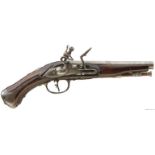 A 50-BORE CONTINENTAL FLINTLOCK TRAVELLING PISTOL, 6inch two-stage barrel, indistinctly signed to