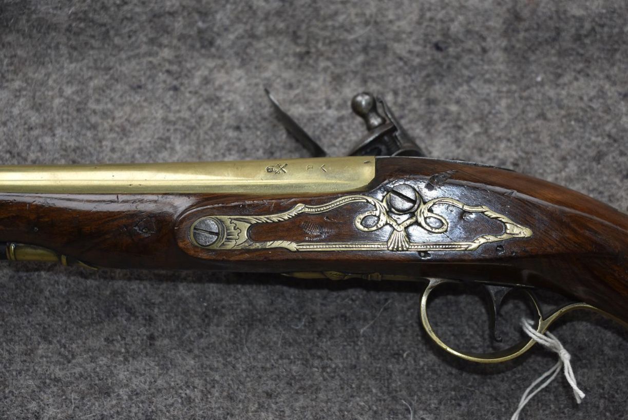 AN 18-BORE FLINTLOCK HOLSTER PISTOL BY KETLAND, 8inch brass barrel engraved with a foliate - Image 11 of 12