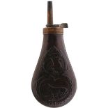 AN AMERICAN EMBOSSED POWDER FLASK, decorated with dogs and game, probably the American Flask & Cap