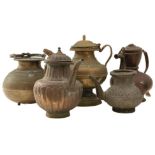 AN INDIAN BRASS KETTLE, three others various and a jug. (5) From the collection of a late diplomat