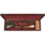 A GOOD CASED 11-BORE DOUBLE BARRELLED BRUSH OR HOWDAH GUN BY HOLLIS, 24inch sighted damascus barrels