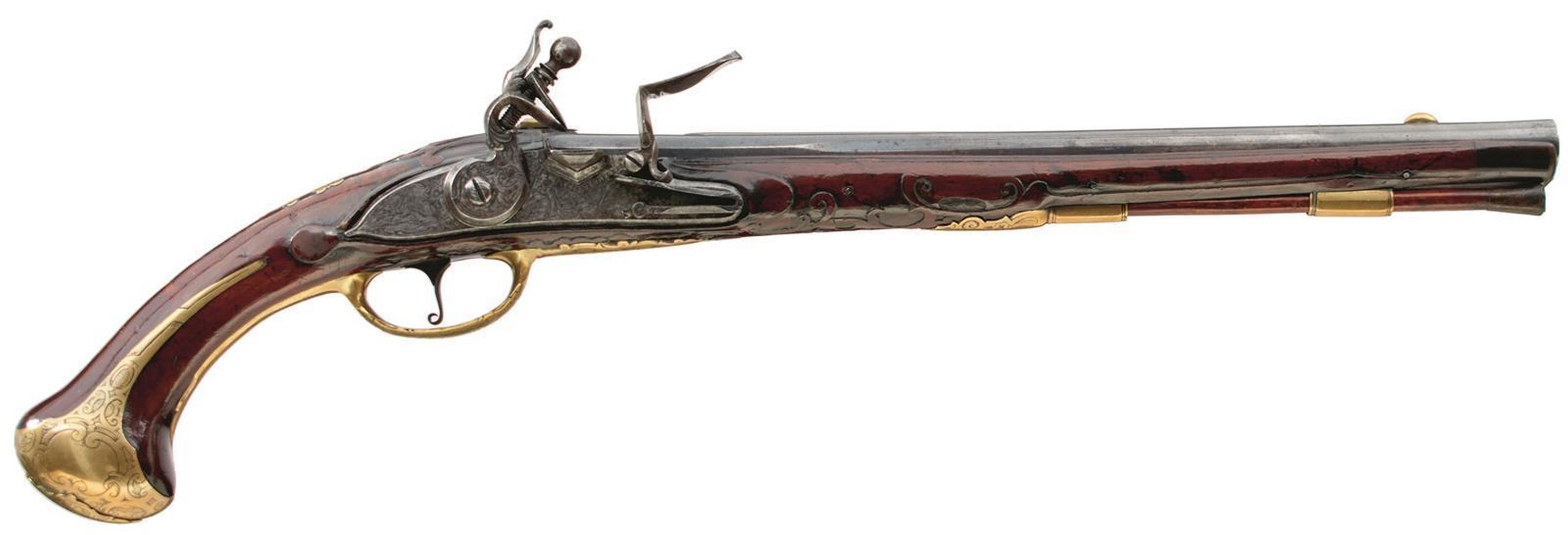 AN 18TH CENTURY 22-BORE AUSTRIAN FLINTLOCK HOLSTER PISTOL, 14inch sighted tapering barrel signed