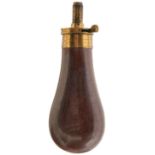 A CLEAN PERCUSSION PISTOL POWDER FLASK, the pear-shaped copper body retaining most of its original