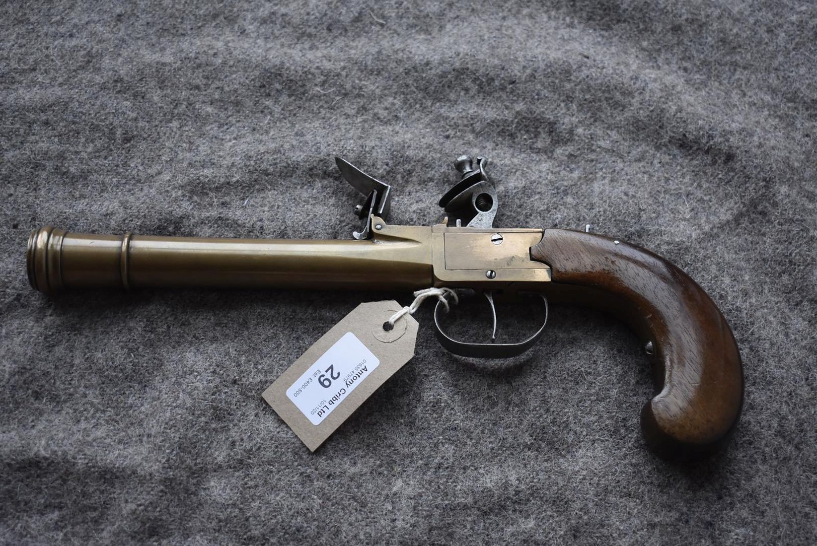 A 15-BORE BRASS BLUNDERBUSS PISTOL, 6.5inch barrel with ring turned muzzle, plain action, sliding - Image 5 of 8