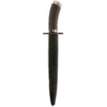 A 19TH CENTURY DIRK OR BOWIE KNIFE, 27cm flattened diamond section blade, patinated, white metal