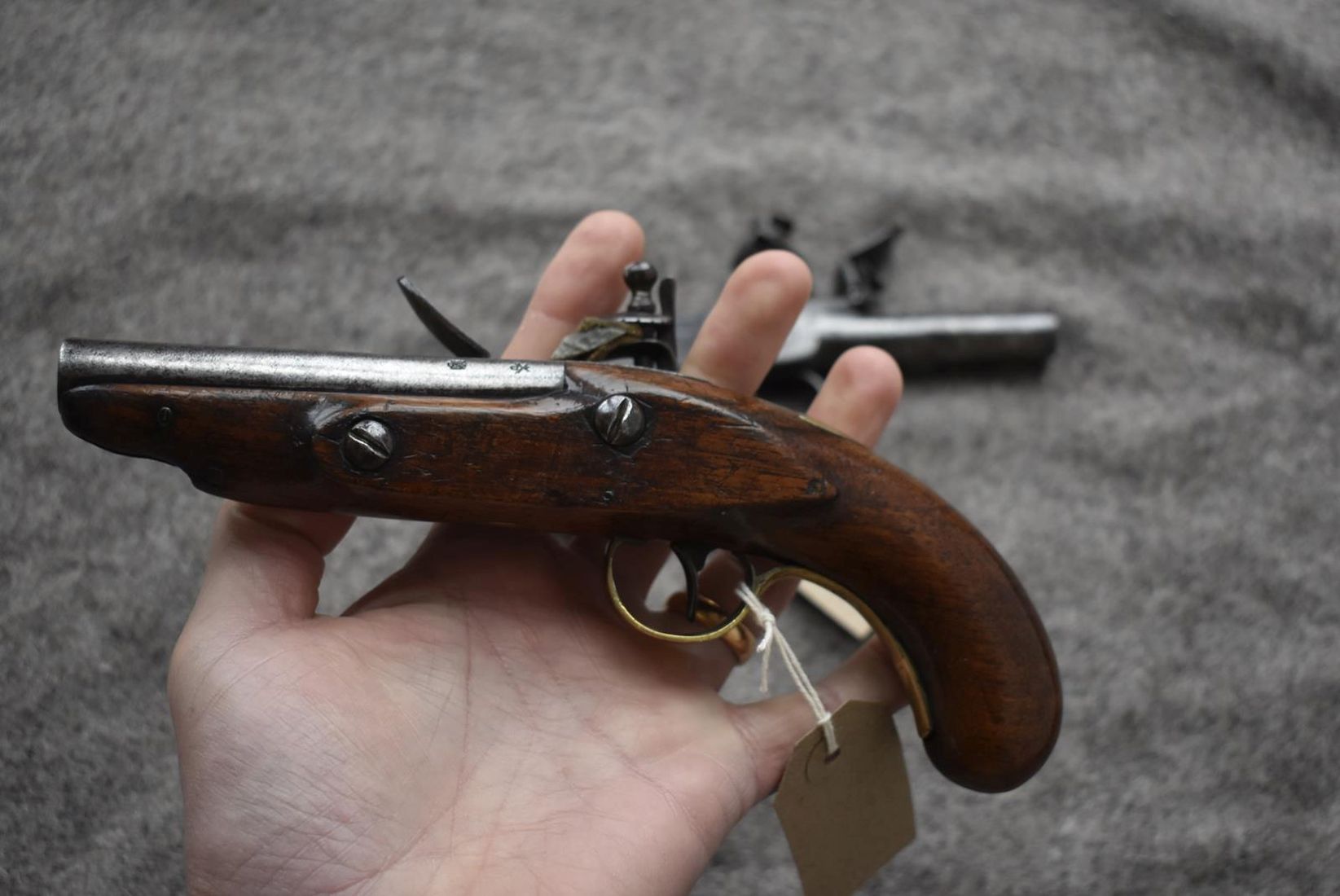 A 54-BORE FLINTLOCK BOXLOCK POCKET PISTOL, 2inch turn-off barrel, border engraved signed action, - Image 6 of 11