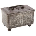 A LATE 16TH OR EARLY 17TH CENTURY GERMAN STEEL TABLE CASKET (PROBABLY NUREMBURG), etched over all