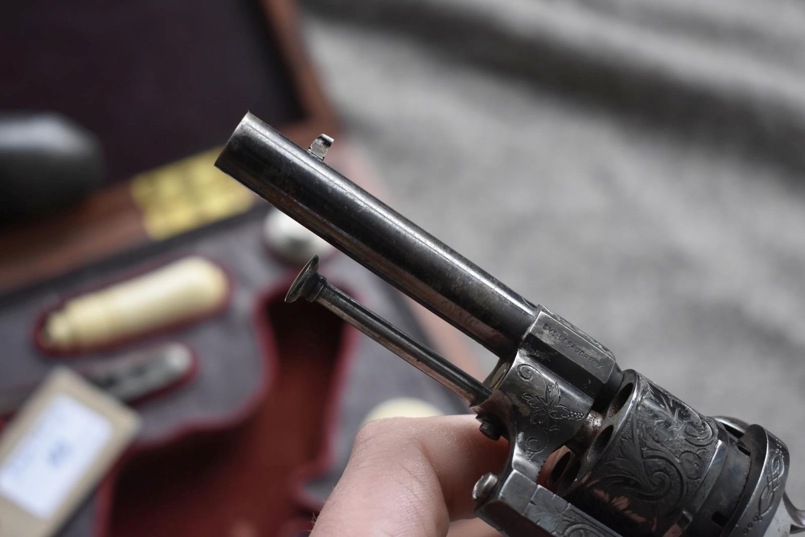 A GOOD CASED SIX-SHOT PINFIRE REVOLVER BY LEFAUCHEUX, 3.5inch sighted octagonal blued barrel - Image 13 of 17