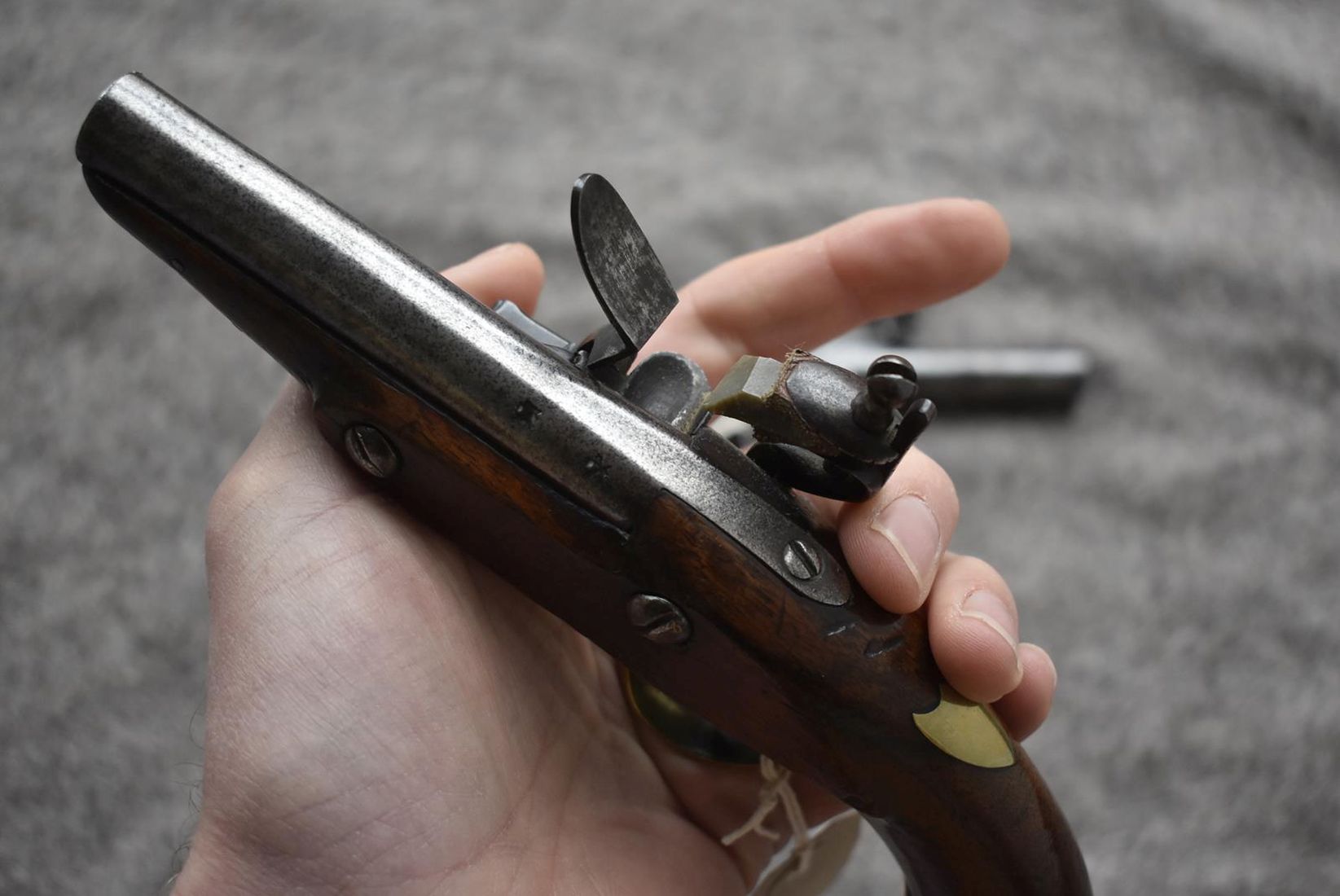 A 54-BORE FLINTLOCK BOXLOCK POCKET PISTOL, 2inch turn-off barrel, border engraved signed action, - Image 7 of 11