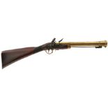 A FLINTLOCK BRASS BARRELLED BAYONET BLUNDERBUSS BY THOMAS, 14.25inch three-stage barrel with ring