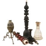 THREE VARIOUS HOOKAH SETS, one of carved wood, 70cm high, one with glass base, 84.5cm high and one