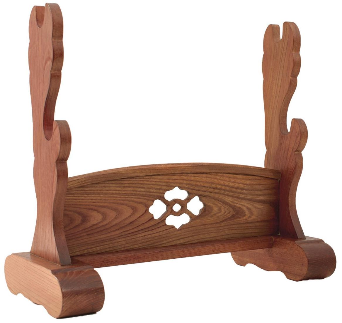 A JAPANESE OAK SWORD STAND, the central panel pierced with a stylized flowerhead.