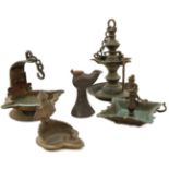 FIVE VARIOUS INDIAN OIL LAMPS, sizes vary. (5) From the collection of a late diplomat who served for