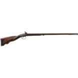A WORN CONTINENTAL 18-BORE DOUBLE BARRELLED PERCUSSION SPORTING GUN, 32inch sighted damascus