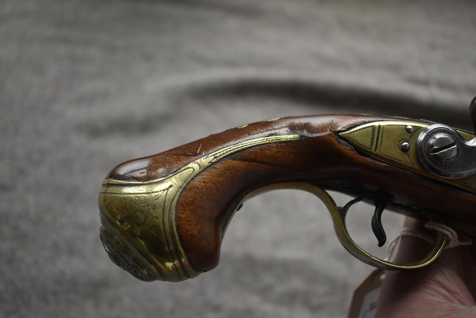 AN 18-BORE FLINTLOCK BRASS BARRELLED HOLSTER PISTOL BY GRICE, 7.25inch two-stage barrel with ring - Image 3 of 13