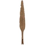 A VIKING SPEAR HEAD, 27cm leaf-shaped head with low medial ridge, 12cm collar, circa 800-900 AD.