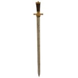 A 19TH CENTURY CONTINENTAL HUNTING HANGER, 67cm blade, sharpened for use, characteristic brass