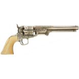 A .36 CALIBRE PERCUSSION SIX-SHOT COLT NAVY PLATED REVOLVER, 7.5inch border and scroll engraved