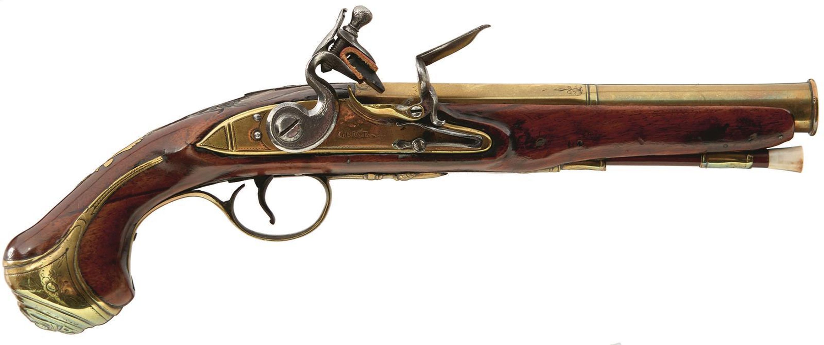 AN 18-BORE FLINTLOCK BRASS BARRELLED HOLSTER PISTOL BY GRICE, 7.25inch two-stage barrel with ring