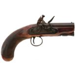 A 32-BORE FLINTLOCK TRAVELLING PISTOL BY BLANCH, 3inch sighted octagonal browned damascus barrel