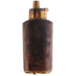 A THREE WAY PERCUSSION POWDER FLASK, sprung gilt top, lacquered copper body, gilt base with two